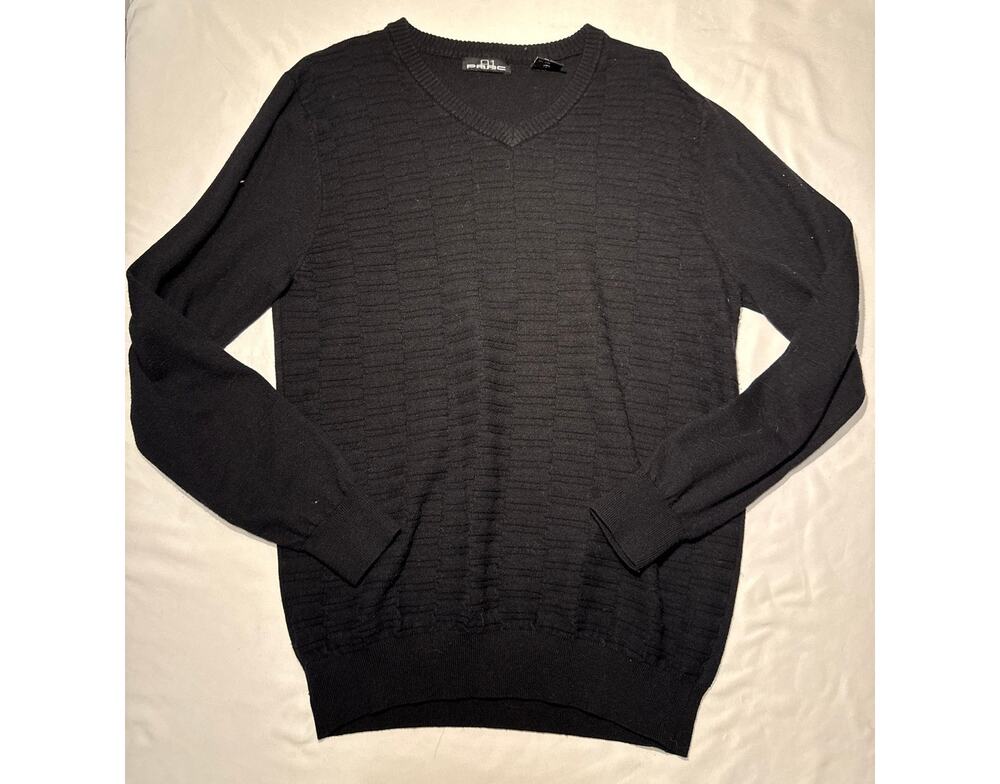 81 PARC Mens Large Black V Neck Sweater Wool Cashmere Blend Textured Knit